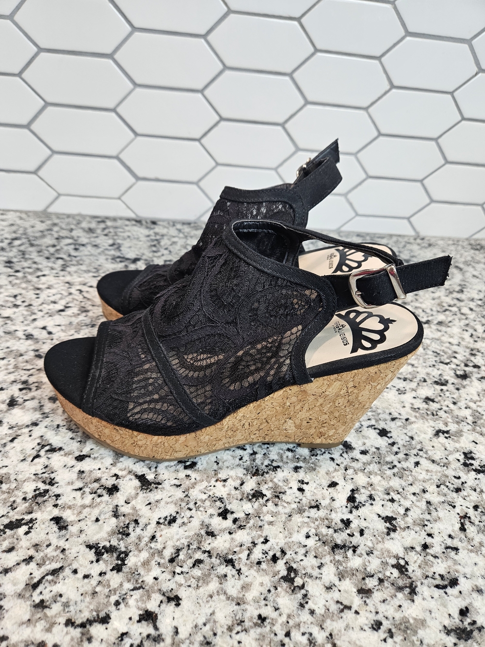Black Lace Cork Wedge Slingback Sandals - Comfortable Dressy Wedges Size 7.5 - Picture 4 of 7